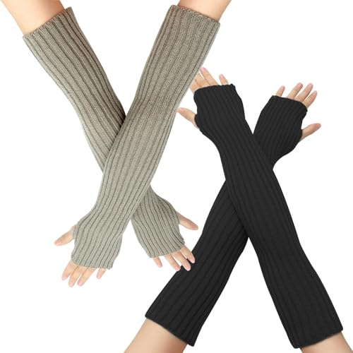 ZOCONE 2 Pairs Long Sleeve Arm Warmers, 50cm Fingerless Gloves, Winter Knitted Arm Sleeves for Women Girls, Wrist Warmers Arm Warmers Baggy (Black and Light Grey)