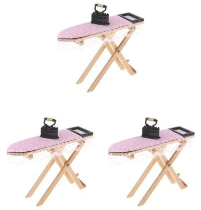 Paowsietiviity 3 set Dollhouse Miniature Laundry Furniture Pink Lace Ironing Board with Iron Accs
