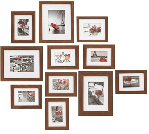 Muzilife Bilderrahmen 11er Set mit Passepartout, Fotorahmen für Fotos Collagen in 8pcs 17x12cm + 3pcs 19x24cm, für Galerien Restaurants Wohnung (Braun)
