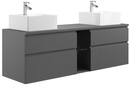 Vente-unique-Mobile per bagno sospeso con doppio lavabo 150 cm Grigio - MAGDALENA II