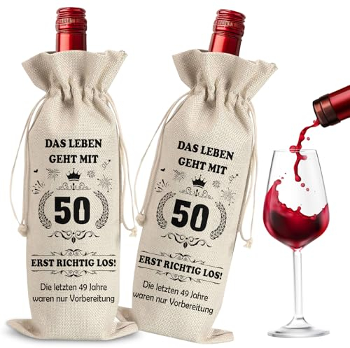 Tasche für Weinflaschen Jute 2 Stk, Geschenke zum 50 Geburtstag Frau Mann, Flaschentüten für Wein Weinflasche Geschenktüten Geschenke für Weinliebhaber, Weinflaschenbeutel für Hochzeit Geburtstag Deko