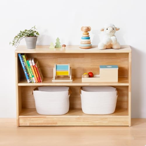 OOOK Rubber Wood Montessori Shelf and Toy Storage, 90 cm Solid Wood Bookshelf and Toy Organizers, 2-Tier Storage Cabinet Shelves and Kids Bookcase for Classroom, Kindergarten, Kids Room, Playroom