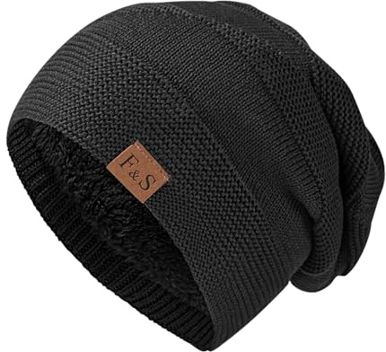Kinwers Bonnet Homme Hiver, Noir Femme Long Doublé Polaire Slouch Beanie Style Grosse Maille Bonnets d'hiver Classique Doux.