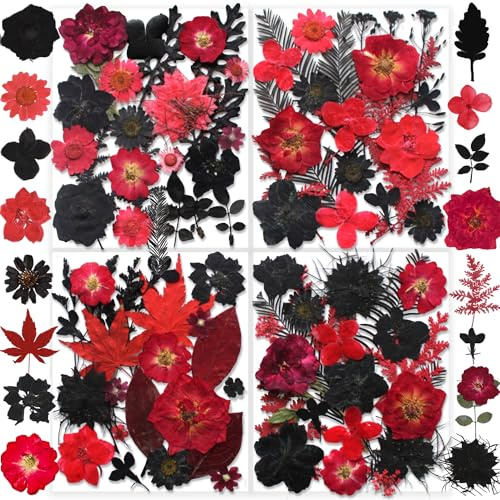 YouthBro 141PCS Black Red Dried Pressed Flowers for Resin Real Nature Flowers Herb Set for Christmas DIY Candle Soap Vase Making Nail Card Scrapbook Art Craft Floral Decors