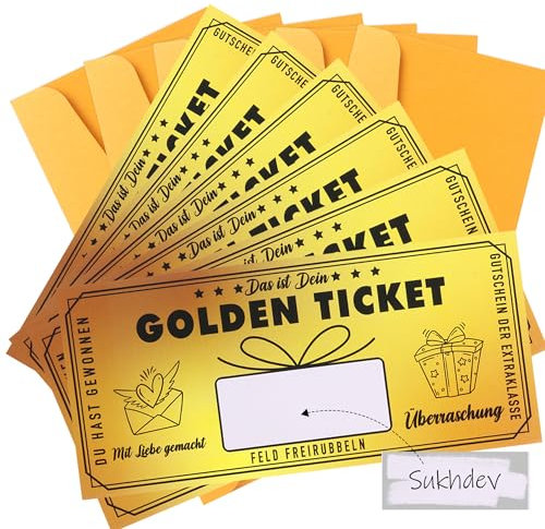 Moorle 6 Stück Gutschein zum selber ausfüllen mit Rubbelaufkleber, Goldenes Ticket Gutschein, Rubbelkarte zum Beschriften mit Umschlag, Geschenke für Frauen, Geburtstagskarte, Kinogutschein