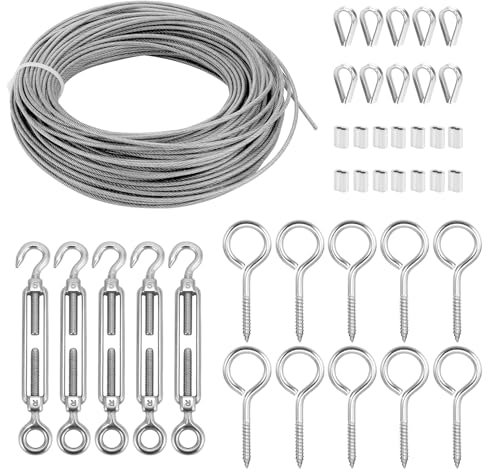 QWORK® 30M (12) Stainless Steel Wire Rope Kit - 2mm PVC Coated Cable with M5 Turnbuckles and Vine Eyes, M2 Wire Rope thimbles and Aluminum Sleeves - for Climbing Plants & String Light Hanging