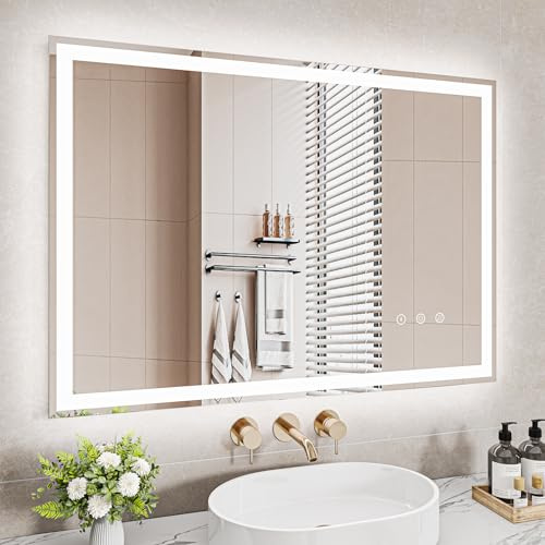 Badezimmerspiegel Led Badspiegel, Speicherfunktion, Touch-Schalter, Druckknopf, Dimmbar, 3 Lichtfarbe Einstellbare Spiegel Bad mit Beleuchtung, Badspiegel mit Wandspiegel, Beschlagfrei 50x70 cm