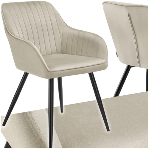 tectake® Silla de Comedor con Tapizado Aterciopelado Acolchado, Silla de Cocina Elegante y Moderna, Patas de Acero, Fácil Limpieza, Ideal Silla Salón, Tocador, Dormitorio - 1 Silla Crema/Negro