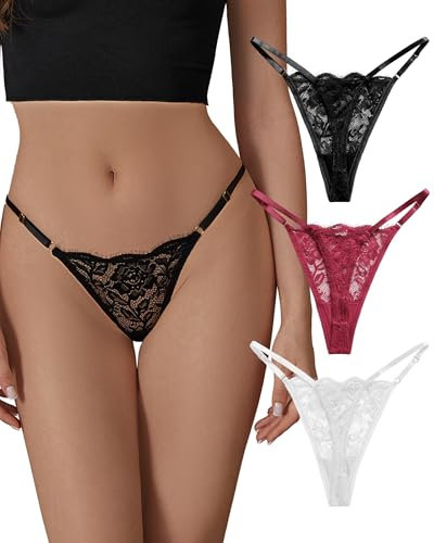 SHARICCA Spitze String Tanga Damen—Hipster Sexy Unterwäsche Niedrige Taille mit Verstellbarem Taillenband Slip String Set Atmungsaktiv T-Back Thong Mehrpack(Mehrfarbig-3P01-L)