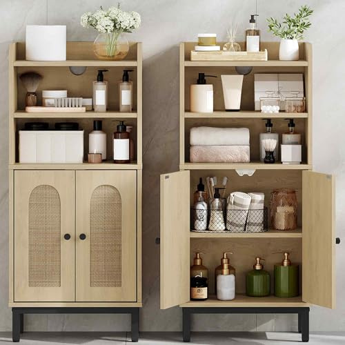 Hzuaneri Meuble de Salle de Bain, Armoire de Salle de Bain, Meuble de Rangement avec 2 Portes, avec Compartiment Ouvert, Étagères Réglables, 20 x 37 x 83 cm, Chêne Clair BC48202B