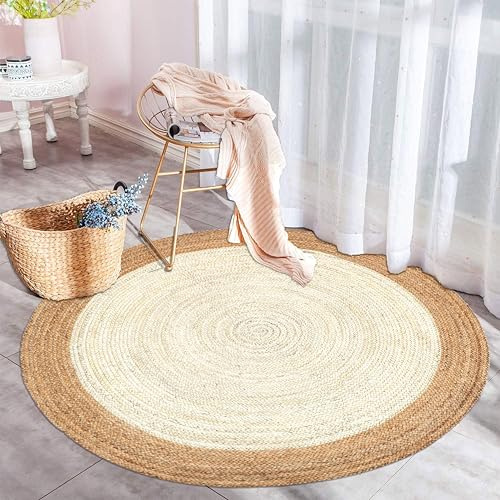 The Home Talk Jute Braided Round Rug - Natural Fiber Rug Rustic Farmhouse Vintage Braided Handwoven Indoor Carpet for Entryway/Kitchen/Frontdoor (White, 120 cm Dia)