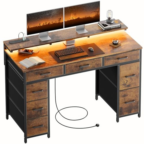 DLONGONE Computer Desk with 8 Storage Drawers, 120 x 50 cm Home Office Desk with LED Lights & USB Power Outlets, Gaming Table with Monitor Stand, Study Writing Work PC Table for Bedroom, Rustic Brown