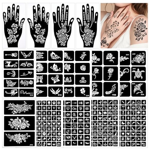 247 Stück Tattoo Schablone Kit,14 Blätter Henna Schablonen,Wiederverwendbare Temporäre Tattoo Schablonen,Indischer Arabischer Hände Hand Tattoo Tempel Aufkleber,für Frauen Finger Körper
