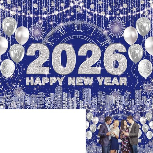 BINQOO Décor de fête du Nouvel An 2026 Bleu Argent Happy New Year Fond photo Scène de nuit urbaine Compte à rebours pour 2026 Décorations de fête Bannière Accessoires pour cabine photo (bleu, 2,1 x