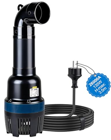 EXLECO Rörpump 26 000 L/H 135 W dammpump utomhus, högpresterande flödespump, centrifugalpump, självsugande poolpump, svängbar pump med 12 m kabel, cirkulationspump, dammfilter för trädgård