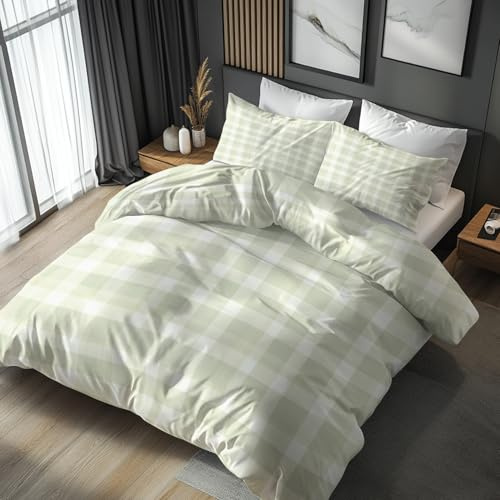 Générique Housse de Couette Carreaux Vichy Vert 220x240, Parure de Lit Motif Plaid 2 Personnes - Decoration - 2 Taies d'oreiller 65x65, Fermeture Éclair, Microfibre - PKA14650