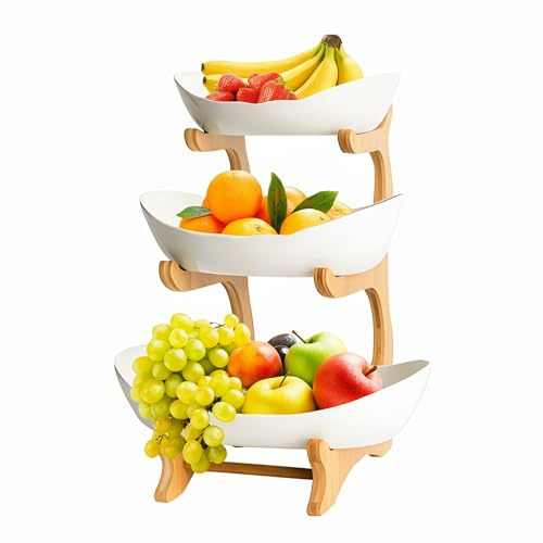 CeyKvo trevånings frukt- och kakstativ med trästöd, flerstäckig fruktkorg som dekoration för köksbräda, perfekt för grönsaker, frukt och snacks (vit)