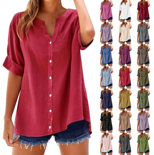 Long Sleeve Tops Women, Ladies Blouses Lightweight Womens Tops Cotton Linen Shirts Summer V Neck Button Up Work Casual Oversized Loose Blouses Daily Top Cloth UK Plus Size Watermelon Red