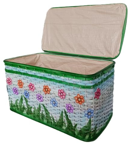 Baule Porta Biancheria in vimini rattan - Cesto Intrecciato con Fodera in Textilene - Contenitore Salvaspazio con Coperchio per Bagno, Camera e Lavanderia - 72x39x40 cm