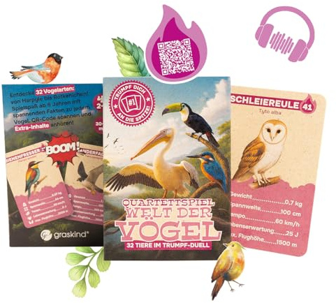 Gioco a quartetto Mondo degli uccelli – Il gioco di carte con 32 specie di uccelli in duello | Bambini e famiglia | Con codici QR e contenuti audio | Sostenibile su carta erbosa