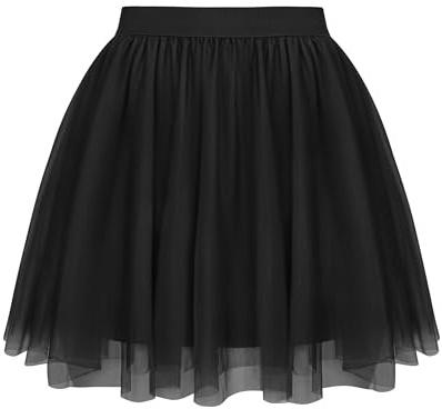 Lovasy Falda de Tutú para Mujer Corto 2 Capas De Tul Cintura Elástica Falda De Verano Falda De Fiesta De Graduación,Negro,L-XL