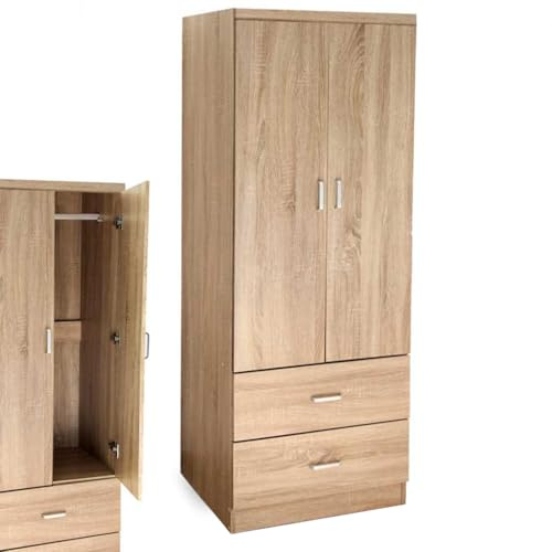 MA MAISON Armadio 2 Ante e 2 Cassetti - Struttura in Legno Truciolare, Guardaroba, Moderno, Asta Appendiabiti, con Maniglie, Spazioso, Organizzatore Vestiti - 80 x 52 x 190 cm (Rovere Naturale)