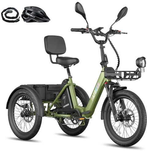 Fafrees Triciclo Eléctrico F20 Mate II, Motor de 250 W, 2 Cestas, Triciclo Eléctrico Plegable de Carga de 20 x 2,5 para Adultos, Alcance 85km (Verde Oliva, Amperio-Hora, 21)