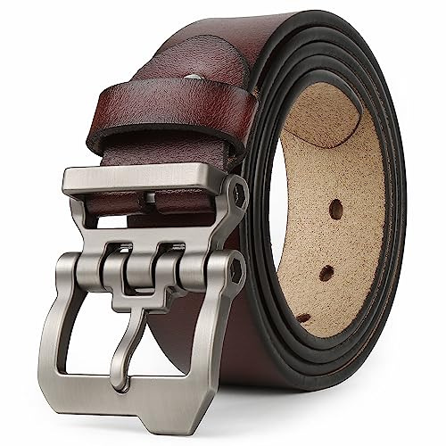 JingHao Belts for Men,Casual Mens Belt Leather for Jeans,Cowboy,Black Genuine Leather Belt,Plus Size 28-64 Width 1.45 Brown(L 34-36 Length 115cm, Coffee)