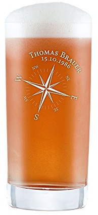 AMAVEL Personalisiertes Trinkglas mit Kompassrose Gravur, Namen und Datum, Zur Verkostung von Cocktails oder Craft-Bier, 0,5 L