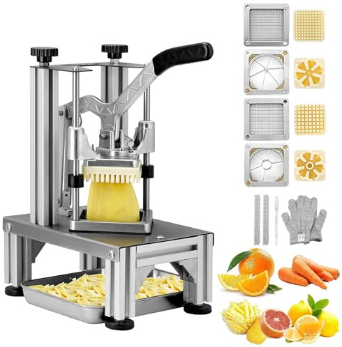 VEVOR Commercial French Fry Cutter with 4 Replacement Blades, 1/4 and 3/8 Blade Easy Dicer Chopper, 6-wedge Slicer and 6-wedge Apple Corer, Lemon Potato Cutter for French Fries with Extended Handle