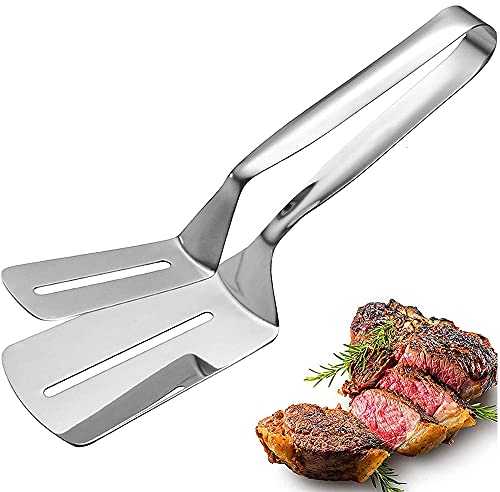MDDZ Pince à Steak Pince, Pelle à Poisson Frit, Pince Barbecue en Acier Inoxydable, Multifonction Pince de Cuisson avec Fentes pour Steak, Pain, Hamburger, Barbecue, Viandes, Pizza, Poisson, Argent