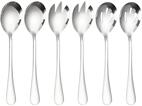 ARFUKA 6 6 Stück Edelstahl Salatbesteck Set mit Salatzange, Servierlöffel & Gabel - Spülmaschinengeeignet für Haushalt, Küche, Gastronomie - Rostfreies Silber Besteck - Langlebiges Salat Servier Set