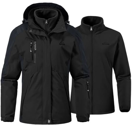 YSENTO Veste de ski 3 en 1 pour femme - Veste polaire imperméable - Coupe-vent - Chaud et fonctionnelle - Avec capuche amovible, Noir , L