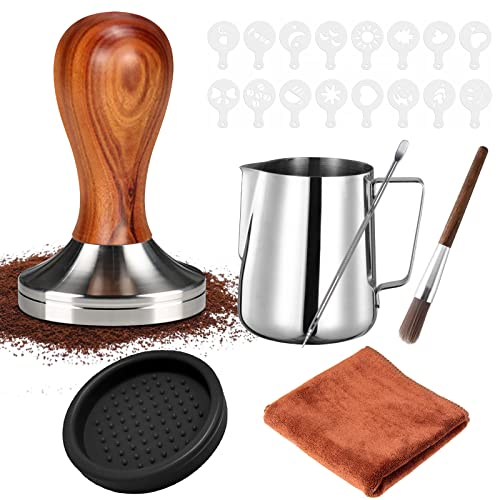 YUTUY Tamper Caffè 51mm e Tamper Pressino per Caffè - Brocca Latte 350ml, Penna Latte e Stencil Decorativi per Espresso