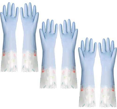 BAMFY 3 Paare Dauerhaft Lang Putzhandschuhe Küche Haushaltshandschuhe for Wäscherei Und Reinigungsaufgaben Gummihandschuhe (Color : Blau, Size : Lace)