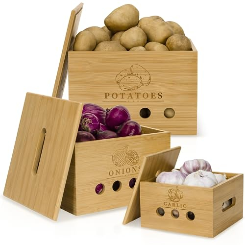 Boîtes de Rangement CALIDORO, Lot de 3 pour Pommes de Terre, Ail et Oignons Frais, Bois de Bambou de Qualité Supérieure, Alternative au Pot à Oignons