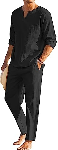 Geagodelia Completo Estivo da Uomo 2 Pezzi Casual per Spiaggia Tuta Completa Maglietta a Manica Lunga + Pantaloni con Coulisse Set Uomini (Nero, M)