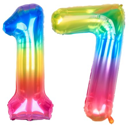 Ponmoo 40 inches Foil Balloons Numbers 17/71 Neon Rainbow (101cm), Inflatable Helium or Air, Giant Balloon Number 0-9, 10-29, 30-100, Grand Balloons for Anniversary Wedding Birthday Party Decoration