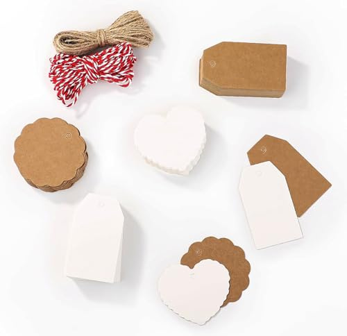 200PCS Gift Kraft Paper Tags with Heart,Blank Paper Tags with String,for Wedding Gifts, Christmas Gifts, Party Gifts, Gift Decoration(4 Styles of Tags,2 Styles of String)