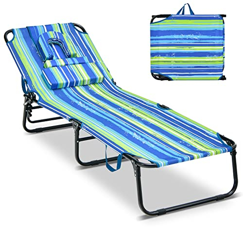 COSTWAY Sonnenliege mit Gesichtsöffnung, klappbare Gartenliege mit 3 abnehmbaren Kissen und 5-Fach Verstellbarer Rückenlehne, Strandliege Liegestuhl für Garten und Poolbereich (Blau-grün)