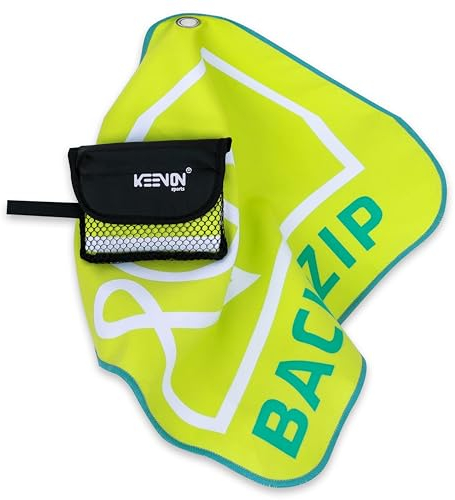 back zip KEENON Sports Microfaser-Handtuch inklusive Netztasche – kompatibel Karabiner – Wandern, Mountainbiken, Schitouren, Reisen – schnell trocknend – saugstark – platzsparend