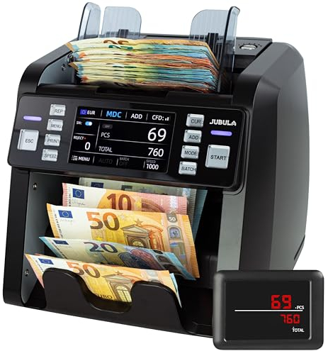 Jubula MV-550 Geldzählmaschine für gemischte Geldscheine & Falschgelddetektor | UV/MG/IR/DD / 2CIS usw. | Exakt | EUR USD GBP SEK CHF usw. | Banknotenzähler | Geldzähler (MV-550)