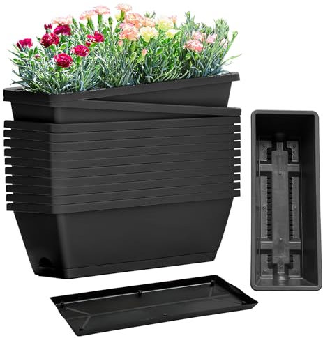 Wensdr Rechteckiger Pflanzkasten mit Ablauflöchern und Tabletts, für Gemüse, Blumen, Pflanzgefäße für Fensterbank, Garten, Balkon, schwarz, 12 Stück