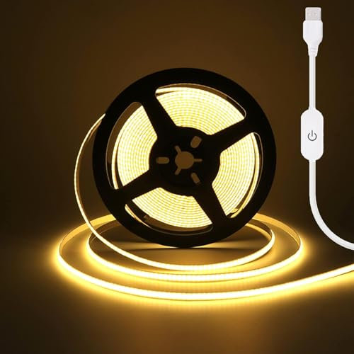 HEGEHE Tira de luz LED COB Regulable, 0.5m DC 5V 320LEDs/M Tira de luz Blanco Cálido flexible no impermeable con regulación táctil USB para iluminación de fondo en Navidad,Salones y Fiestas(FPCB:5MM)
