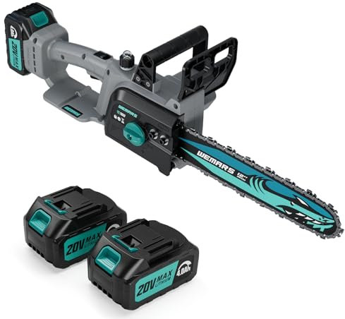 WEMARS 20V Brushles Cordless Chainsaw 12-Inch Lightweight Battery Powered Chainsaws Compact Pruning Electric Chainsaw 4.0AH Lithium-ion 2 Kit-Batteries for Wood Cutting,Garden Tree,Branch Pruning