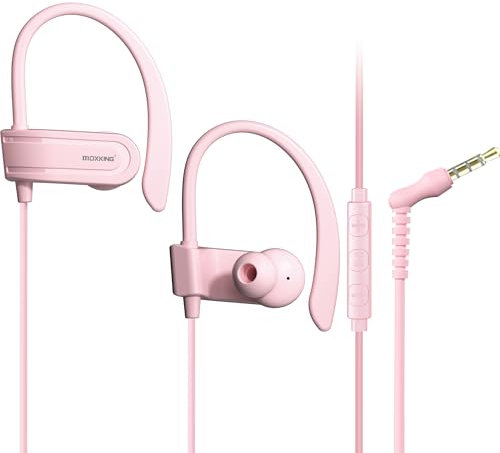 MOXKING Sport-Kopfhörer, kabelgebunden, mit Mikrofon, schweißfest, zum Laufen, Over-Ear-Kopfhörer mit Ohrbügel, In-Ear-Jogging-Kopfhörer für Workout, Training, Fitnessstudio, kompatibel mit…(Pink)
