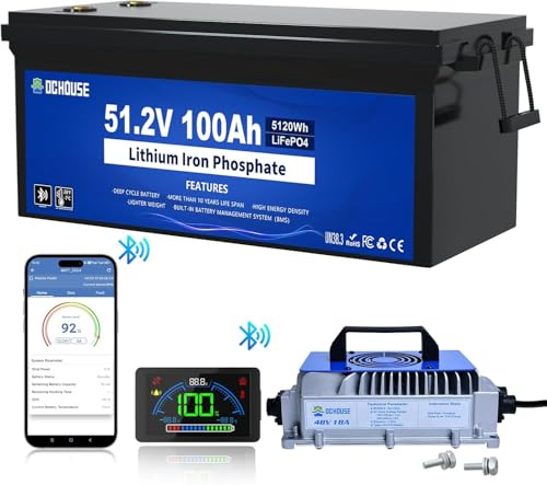 DCHOUSE 48V 100Ah Lifepo4 litiumbatteri för golfvagn, med 48V 18A litiumbatteriladdare, integrerad Smart 200A BMS, LCD-monitor och mobil APP, toppström 600A