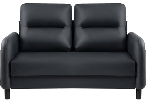 55 Loveseat Sofa Leather Black, Comfy Couch with Cushion, Sofa Couch with Wooden Legs, Modern Couch with Deep Seat, 2-Seater Sofa for Bedroom, Loveseat for Living Room, Office Room, Apartment