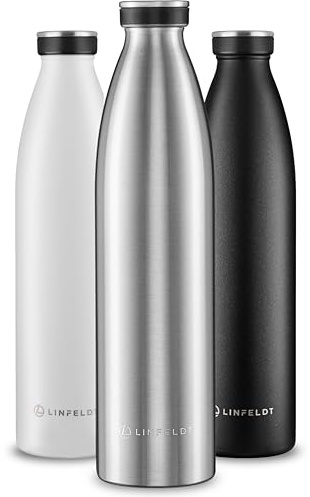 LINFELDT 1L Trinkflasche Edelstahl Isoliert 24H Auslaufsicher + Sprudel - 1000ml Wasserflasche geignet für Sport und Kohlensäure - 24H Kalt & 12H Heiß - BPA Frei - Ergonomisch in Edelstahl