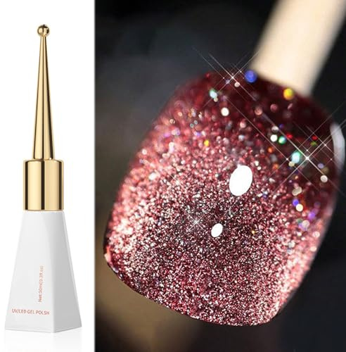 Cat Eye Gel Nail Polish, Glitter Broken Diamond Magnetic Nail Varnish, Highly Pigmented Sparkling Red Nail Polish, Soak Off UV/LED Reflective Nail Gel for Holographic Nail Art DIY